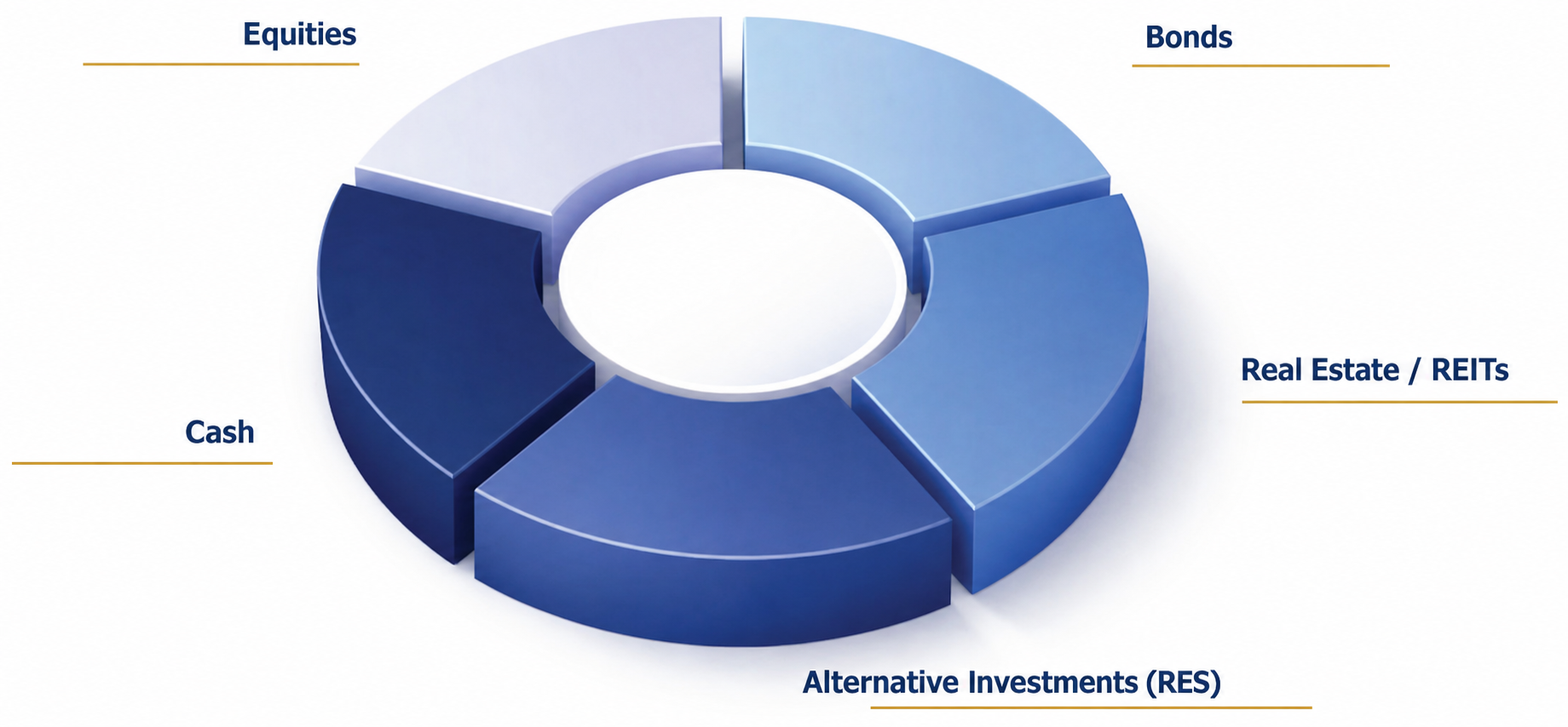 Illustrative asset allocation across equities, bonds, real estate, alternative investments and cash.
